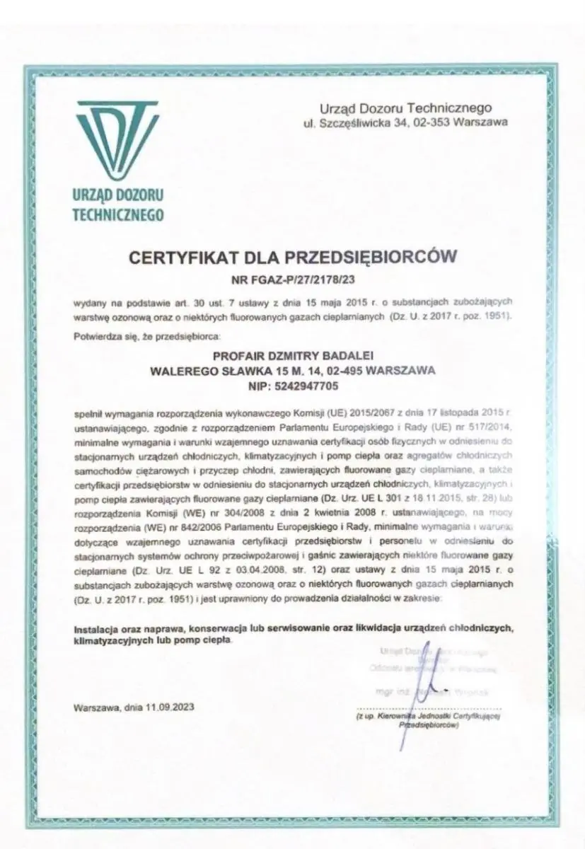 Certyfikat przedsiębiorcy F-gaz Profair24 wydany przez Urząd Dozoru Technicznego