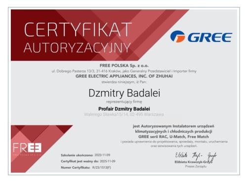 Certyfikat Autoryzowanego Instalatora Gree